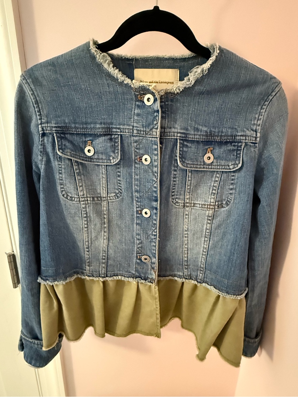 PILCRO Anthroplogie Denim Peplum Jacket with Olive Ruffle Size S - Picture 4 of 7